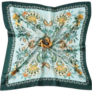 Women Blue Flower Headscarf Satin Bandana Pattern Polyester Breathable Scarves